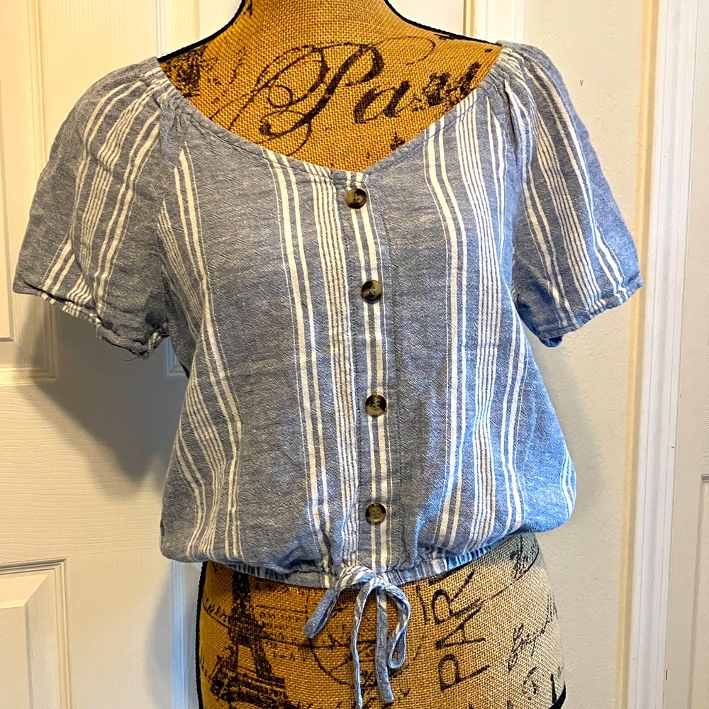 Wallflower linen striped crop top flutter sleeve button front elastic waist L